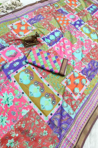 Multicolor mall cotton digital print saree with unstitched blouse piece
