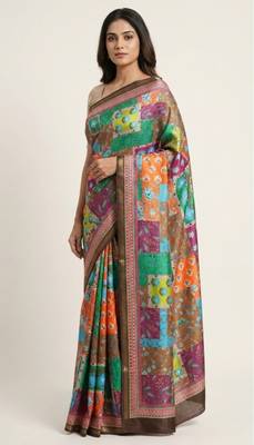 Multicolor mall cotton digital print saree with unstitched blouse piece 1