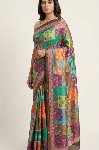 Multicolor mall cotton digital print saree with unstitched blouse piece