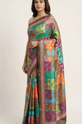 Multicolor mall cotton digital print saree with unstitched blouse piece