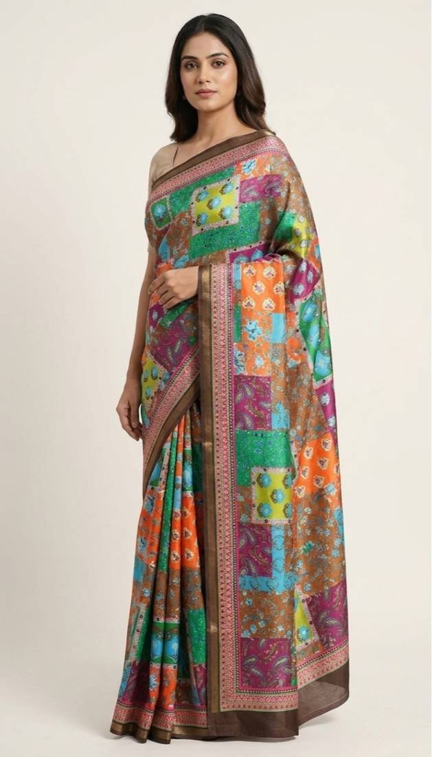 Multicolor mall cotton digital print saree with unstitched blouse piece