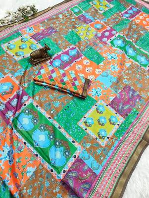 Multicolor mall cotton digital print saree with unstitched blouse piece 2
