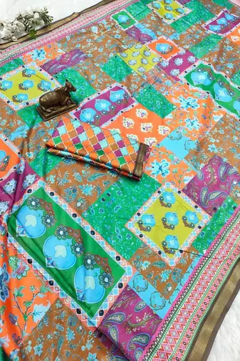 Multicolor mall cotton digital print saree with unstitched blouse piece