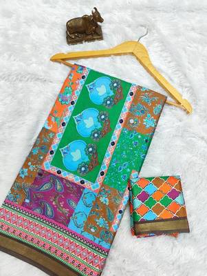Multicolor mall cotton digital print saree with unstitched blouse piece 3