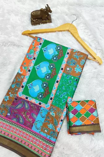 Multicolor mall cotton digital print saree with unstitched blouse piece