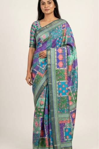 Multicolor mall cotton digital print saree with unstitched blouse piece
