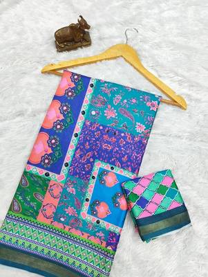 Multicolor mall cotton digital print saree with unstitched blouse piece 2