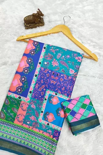 Multicolor mall cotton digital print saree with unstitched blouse piece