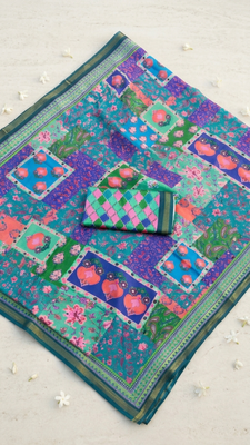 Multicolor mall cotton digital print saree with unstitched blouse piece 3