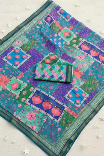 Multicolor mall cotton digital print saree with unstitched blouse piece