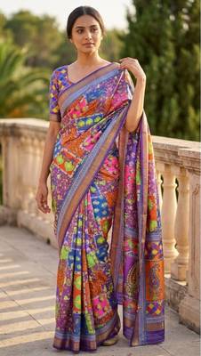 Multicolor mall cotton digital print saree with unstitched blouse piece 1