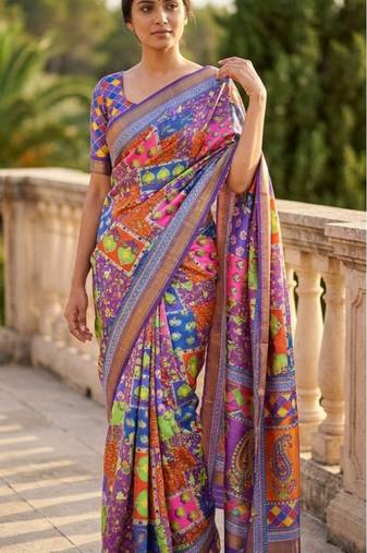 Multicolor mall cotton digital print saree with unstitched blouse piece