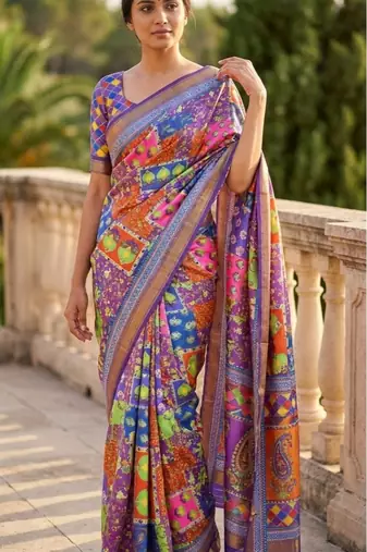Multicolor mall cotton digital print saree with unstitched blouse piece