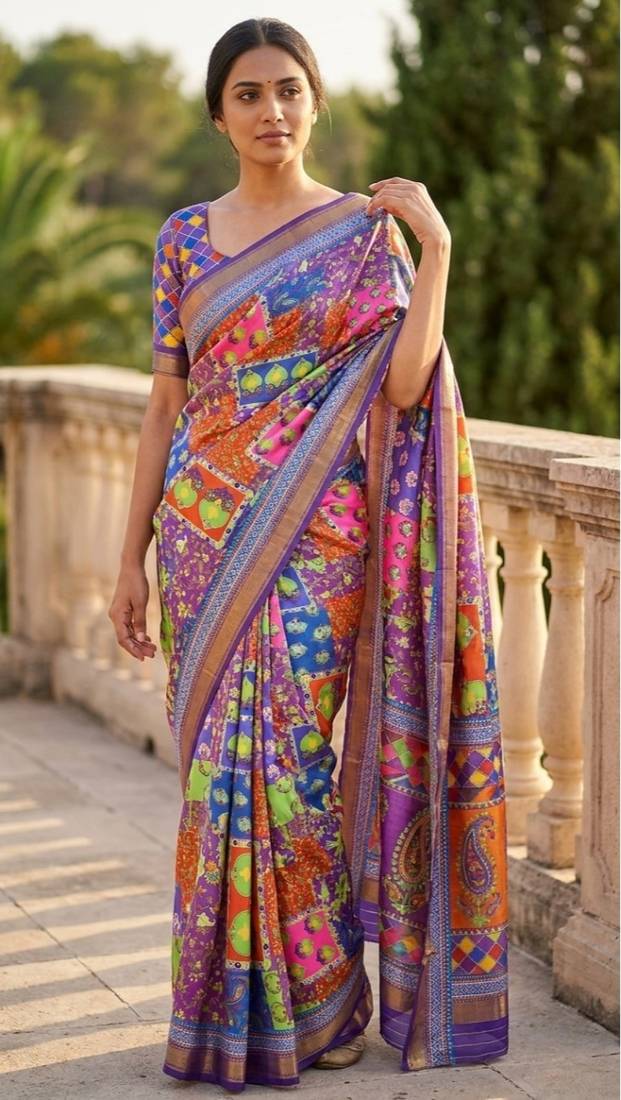 Multicolor mall cotton digital print saree with unstitched blouse piece