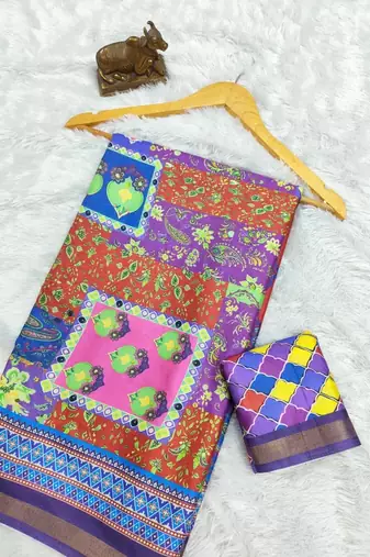Multicolor mall cotton digital print saree with unstitched blouse piece