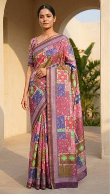 Multicolor mall cotton digital print saree with unstitched blouse piece 1