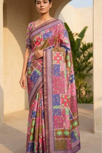 Multicolor mall cotton digital print saree with unstitched blouse piece