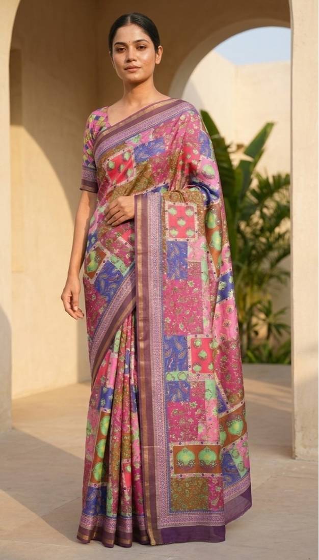 Multicolor mall cotton digital print saree with unstitched blouse piece