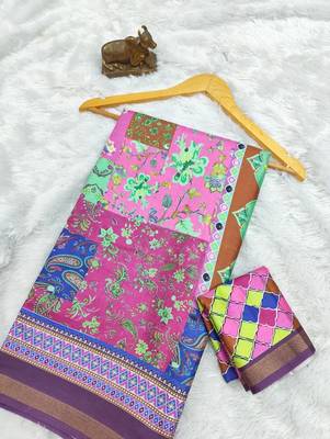 Multicolor mall cotton digital print saree with unstitched blouse piece 2