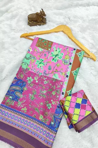 Multicolor mall cotton digital print saree with unstitched blouse piece