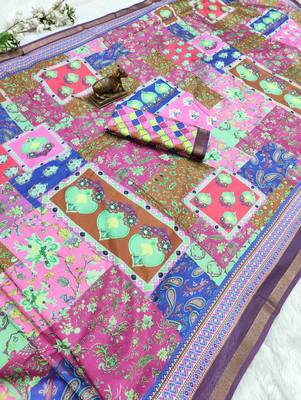 Multicolor mall cotton digital print saree with unstitched blouse piece 3