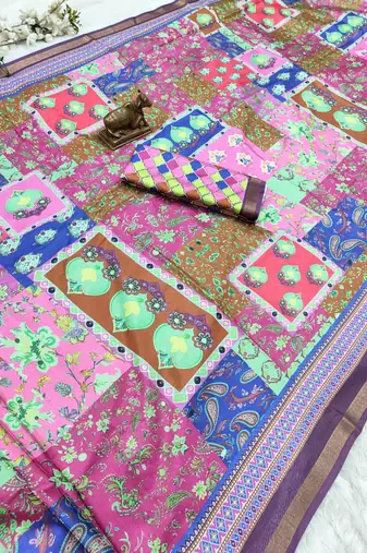Multicolor mall cotton digital print saree with unstitched blouse piece