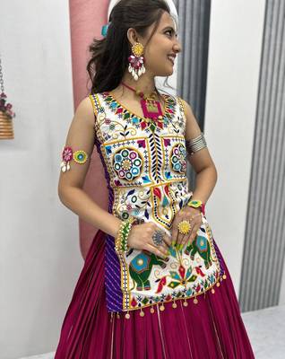 NAVRATRI PINK COTTON LUMPI LACE WITH RIBBON WORK LEHENGA CHOLI FULL STITCHED 1