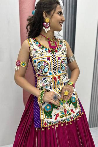 NAVRATRI PINK COTTON LUMPI LACE WITH RIBBON WORK LEHENGA CHOLI FULL STITCHED