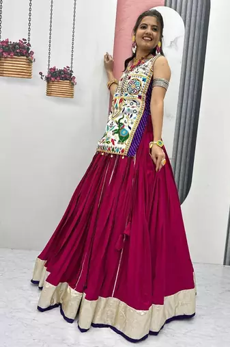 NAVRATRI WEAR PINK COTTON LUMPI LACE WITH RIBBON WORK LEHENGA CHOLI FULL STITCHED.