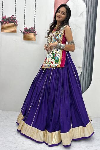 NAVRATRI WEAR BLUE COTTON LUMPI LACE WITH RIBBON WORK LEHENGA CHOLI FULL STITCHED