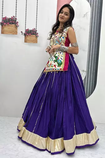 NAVRATRI WEAR BLUE COTTON LUMPI LACE WITH RIBBON WORK LEHENGA CHOLI FULL STITCHED