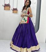 NAVRATRI WEAR BLUE COLOR COTTON LUMPI LACE WITH RIBBON WORK LEHENGA CHOLI FULL STITCHED.