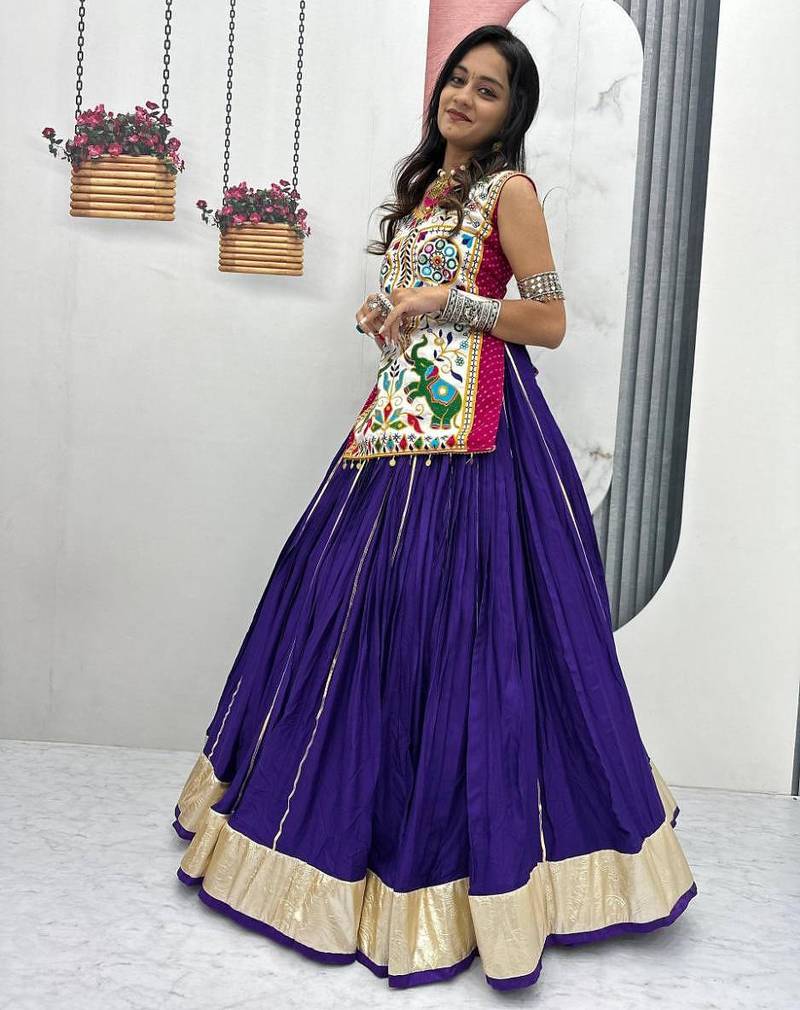 NAVRATRI WEAR BLUE COLOR COTTON LUMPI LACE WITH RIBBON WORK LEHENGA CHOLI FULL STITCHED.