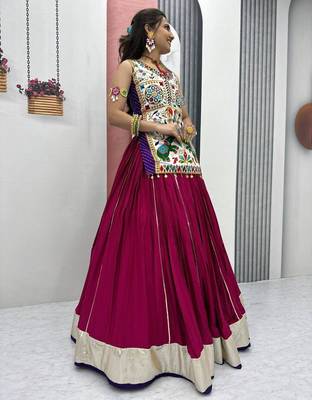 NAVRATRI PINK COTTON LUMPI LACE WITH RIBBON WORK LEHENGA CHOLI FULL STITCHED 3