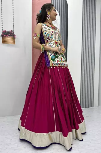 NAVRATRI WEAR PINK COTTON LUMPI LACE WITH RIBBON WORK LEHENGA CHOLI FULL STITCHED.