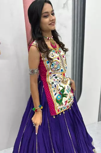 NAVRATRI WEAR BLUE COTTON LUMPI LACE WITH RIBBON WORK LEHENGA CHOLI FULL STITCHED