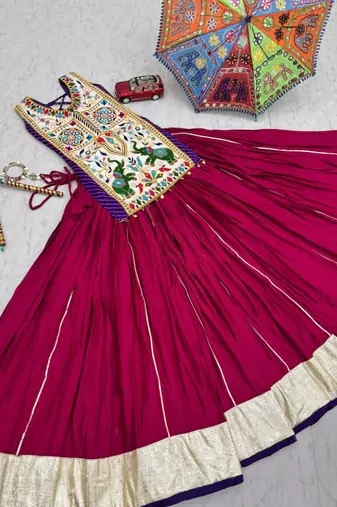 NAVRATRI WEAR PINK COTTON LUMPI LACE WITH RIBBON WORK LEHENGA CHOLI FULL STITCHED.