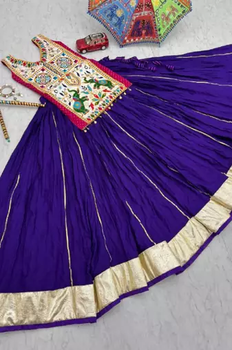 NAVRATRI WEAR BLUE COTTON LUMPI LACE WITH RIBBON WORK LEHENGA CHOLI FULL STITCHED