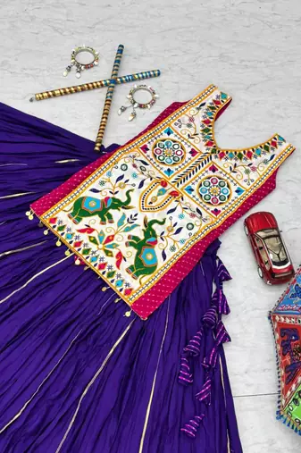 NAVRATRI WEAR BLUE COTTON LUMPI LACE WITH RIBBON WORK LEHENGA CHOLI FULL STITCHED