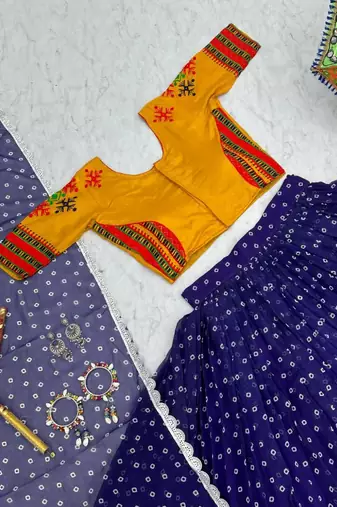 NAVRATRI WEAR BLUE GEORGETTE DIGITAL PRINTED FLARED LEHENGA CHOLI SET FULL-STITCHED
