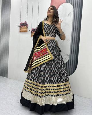 NAVRATRI  BLACK RAYON COTTON LUMPI LACE BORDER FLARED LEHENGA CHOLI SET FULL STITCHED 1