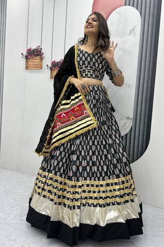 NAVRATRI WEAR BLACK RAYON COTTON LUMPI LACE BORDER FLARED LEHENGA CHOLI SET FULL STITCHED