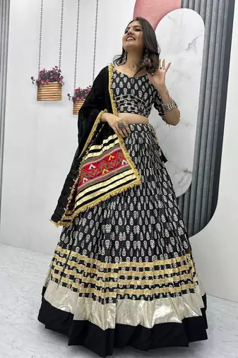 NAVRATRI WEAR BLACK RAYON COTTON LUMPI LACE BORDER FLARED LEHENGA CHOLI SET FULL STITCHED