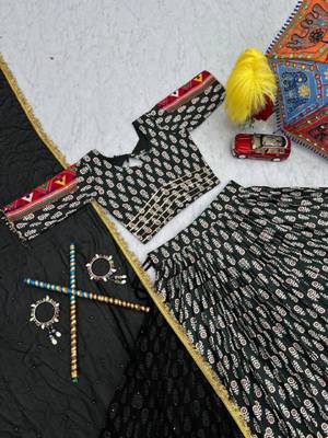 NAVRATRI  BLACK RAYON COTTON LUMPI LACE BORDER FLARED LEHENGA CHOLI SET FULL STITCHED 4