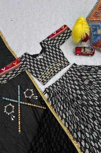 NAVRATRI WEAR BLACK RAYON COTTON LUMPI LACE BORDER FLARED LEHENGA CHOLI SET FULL STITCHED