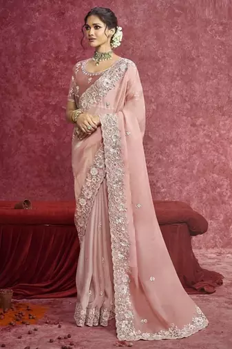 Peach casio heavy designer sequins  & cut work border saree