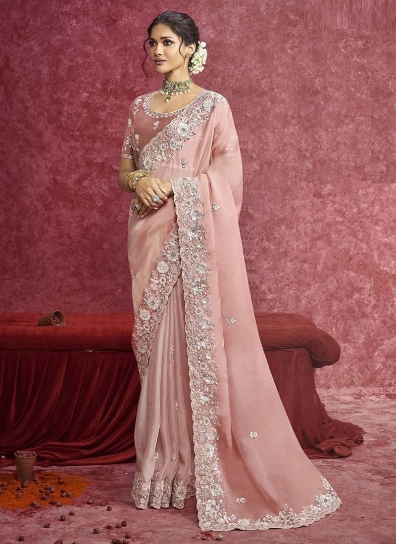 Peach casio heavy designer sequins  & cut work border saree