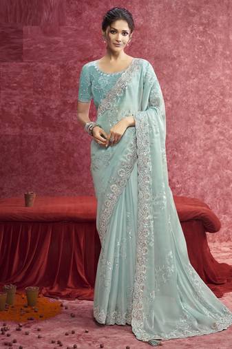 Sky blue galaxy heavy designer sequins  & cut work border saree