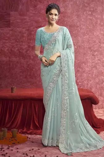 Sky blue galaxy heavy designer sequins  & cut work border saree
