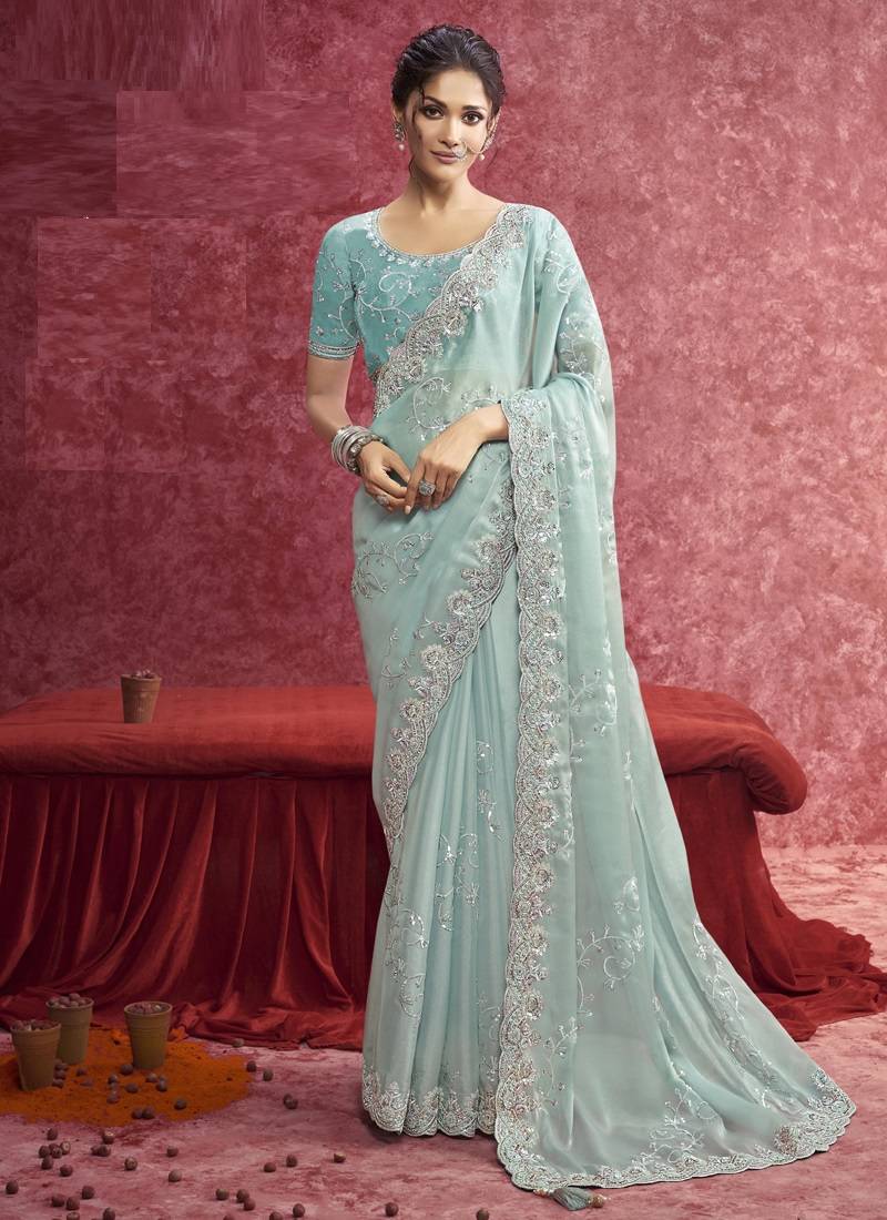 Sky blue galaxy heavy designer sequins  & cut work border saree